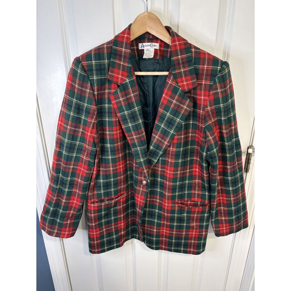 Vintage Alison Craig Red & Green Plaid Wool Blend Blazer Size 10